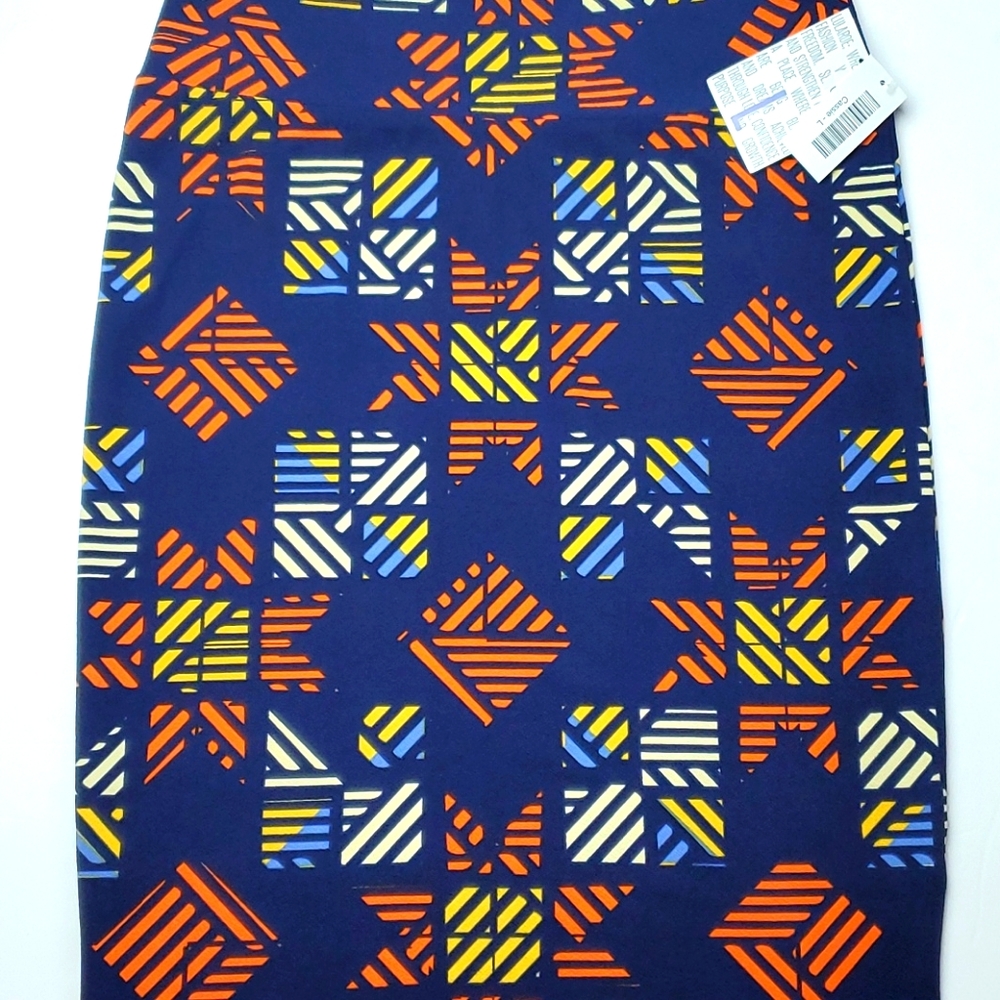 NWT LuLaRoe Cassie Skirt Large - Blue/Orange/Yellow Geometric